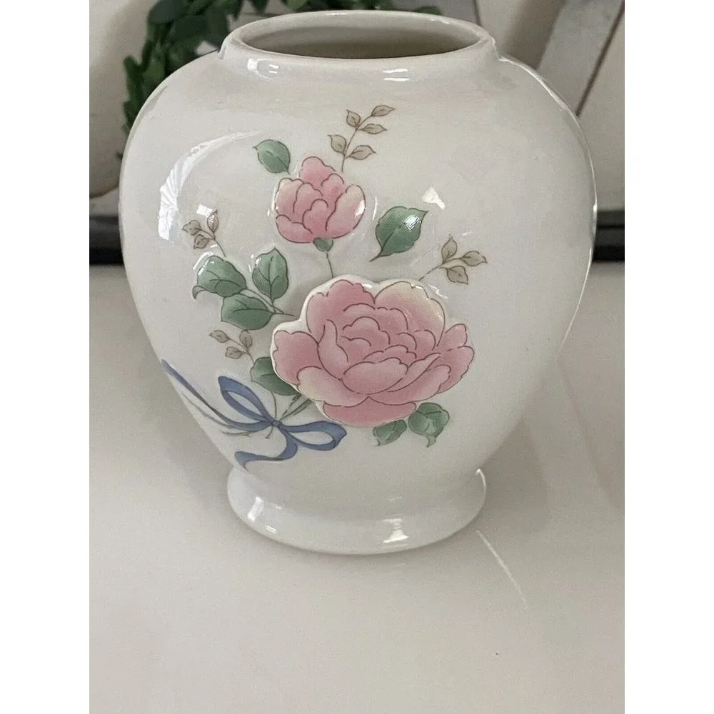 Vintage Japan Mini Vase 3D Raised Roses Porcelain Collectible White and Pink EUC